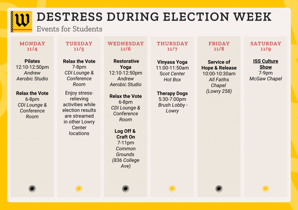 Destress Events During Eleciton Week for Students
Monday (11/4)
Pilates: 12:10-12:50 pm Andrews Aerobic Studio
Relax the Vote: 6-8pm CDI Lounge & Conference Room
Tuesday (11/5)
Relax the Vote 7-10pm CDI Lounge & Conference Room Enjoy stress-relieving activities while election results are streamed in other Lowry Center locations
Wednesday (11/6) 
Restorative Yoga: 12:10-12:50p Andrew Aerobic Studio
Therapy Dogs 5:30-7p 5:30-7pm Brush Lobby - Lowry
Friday (11/8)
Service of Hope & Release 10-10:30a All Faiths Chapel (Lowry 258)
Saturday (11/9)
ISS Culture Show 7-9pm McGaw Chapel