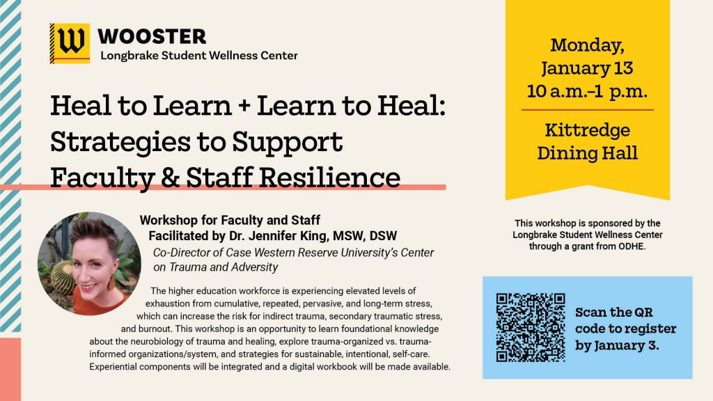 An event flyer for a workshop titled "Heal to Learn + Learn to Heal: Strategies to Support Faculty & Staff Resilience." It is facilitated by Dr. Jennifer King, focusing on trauma and resilience in higher education. The workshop is scheduled for Monday, January 13, from 10 a.m. to 1 p.m. at Kittredge Dining Hall. Sponsored by the Longbrake Student Wellness Center. A QR code is provided for registration by January 3.